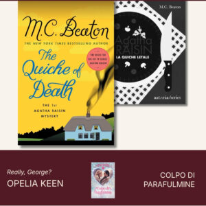 Beaton Quiche — yellow English cover, thatched cottage and a twist of smoke; Italian cover a black plate, a knife and mushrooms on check cloth