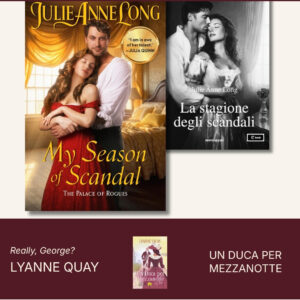 Long Scandal — couple in a gold bedroom, she in a red off-shoulder gown eyes closed against his chest, he in an open white shirt; English and Italian covers side by side