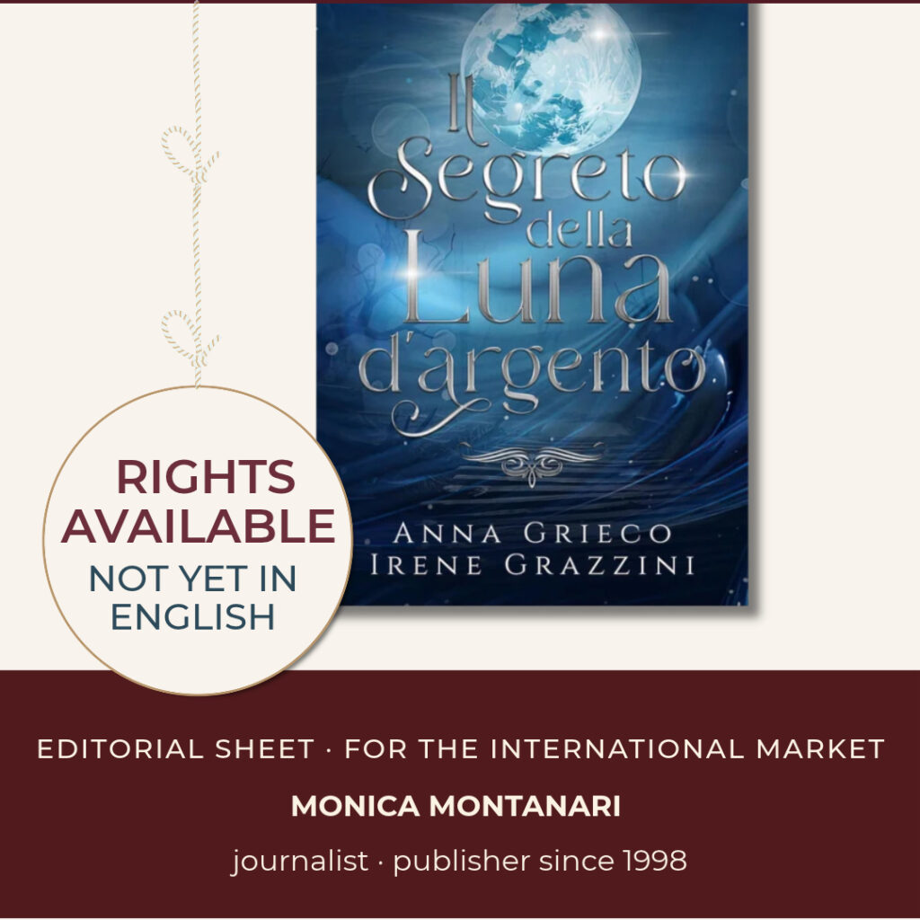 Editorial sheet banner for Grazzini Grieco Silver Moon romance novel featuring the book cover of Il segreto della Luna D’Argento on a dark blue background with a "Rights Available" badge.