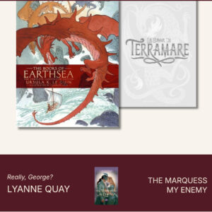 Le Guin Earthsea — English cover red dragon coiling over stormy sea with small boat, title The Books of Earthsea, The Complete Illustrated Edition, illustrated by Charles Vess; Italian cover pale ghost-dragon on white background, title La Saga di Terramare