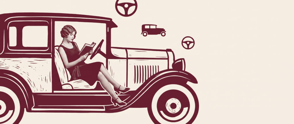 Woman in a 1920s dress reading a book in a vintage car, burgundy linocut illustration for car bunburying