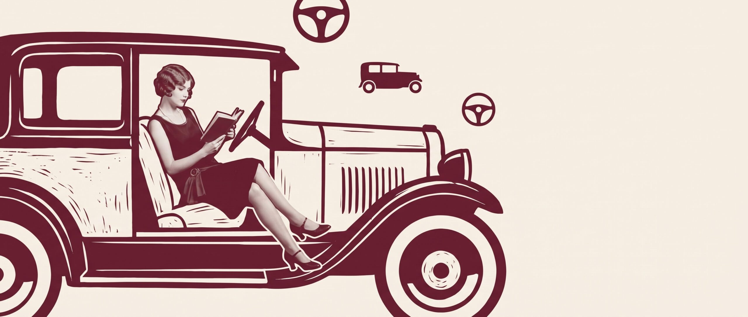 Woman in a 1920s dress reading a book in a vintage car, burgundy linocut illustration for car bunburying