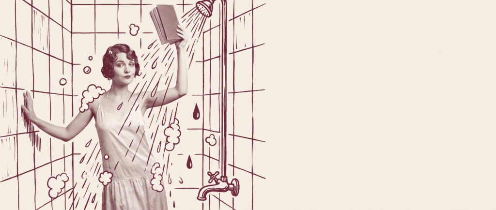 Bunburying Shower featured image: a young woman in a 1920s slip holds a book high above the shower spray; literary review site Really, George?