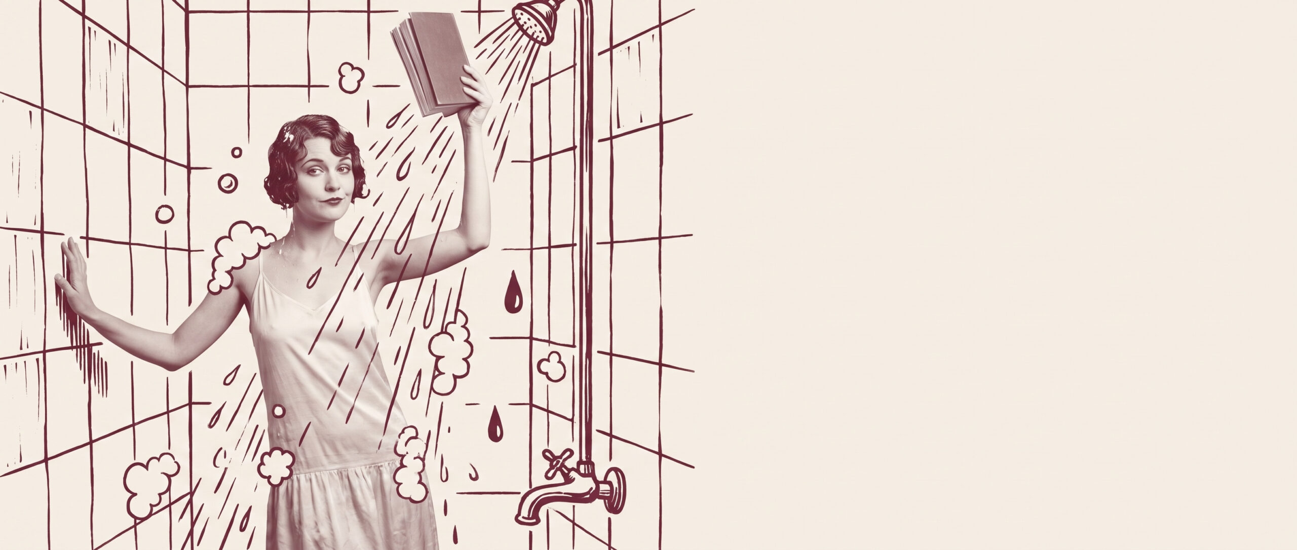 Bunburying Shower featured image: a young woman in a 1920s slip holds a book high above the shower spray; literary review site Really, George?