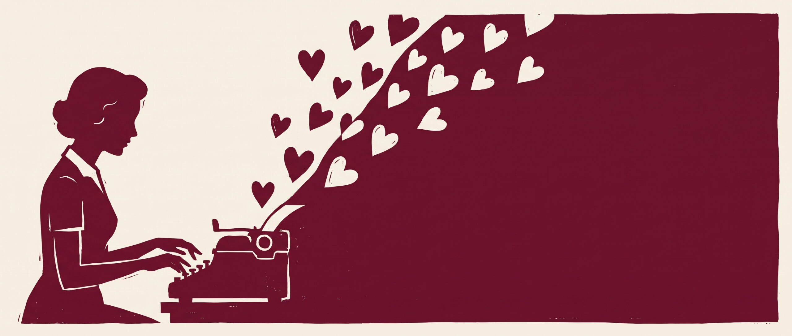 Romance readers featured image: silhouette of a woman typing on a typewriter with hearts flying off the page; literary review site Really, George?