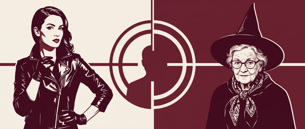 Thriller readers featured image: a woman in a leather jacket and an older woman in a witch’s hat on either side of a crosshair with a man’s silhouette; literary review site Really, George?